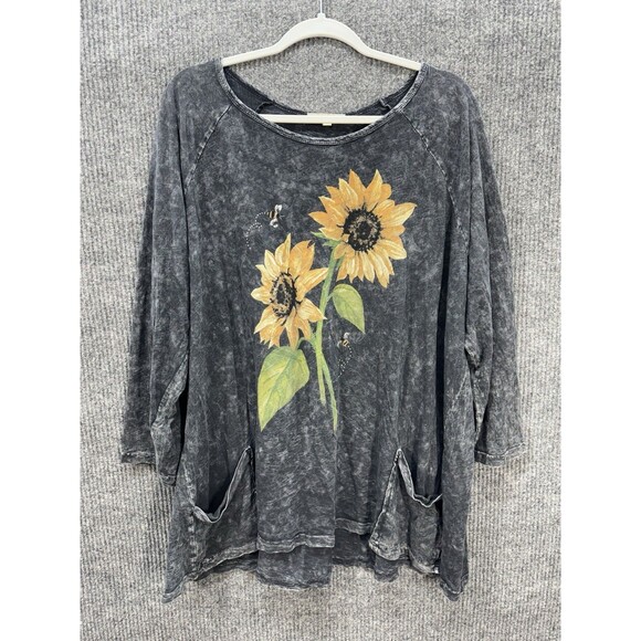 Jess & Jane Sunflower Tunic Top Size 1X Mineral Washed Black Pockets 3/4 Sleeve - Picture 2 of 9
